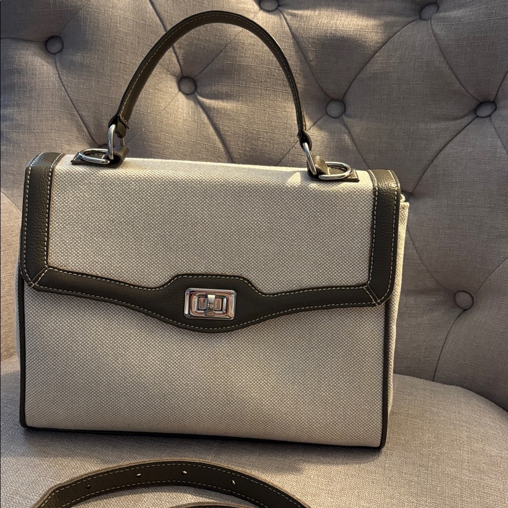 Linen w leather trim top handle satchel